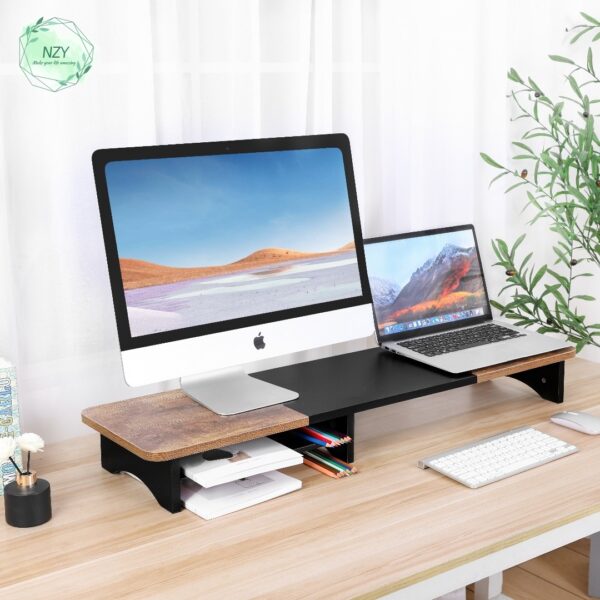 Industrial style classic dual-screen computer monitor height-increasing stand with double-layer storage base