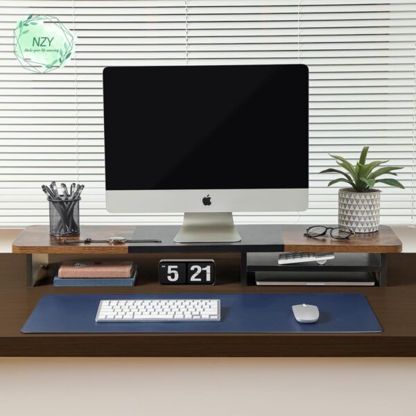Industrial style classic dual-screen computer monitor height-increasing stand with double-layer storage base - 图片 2
